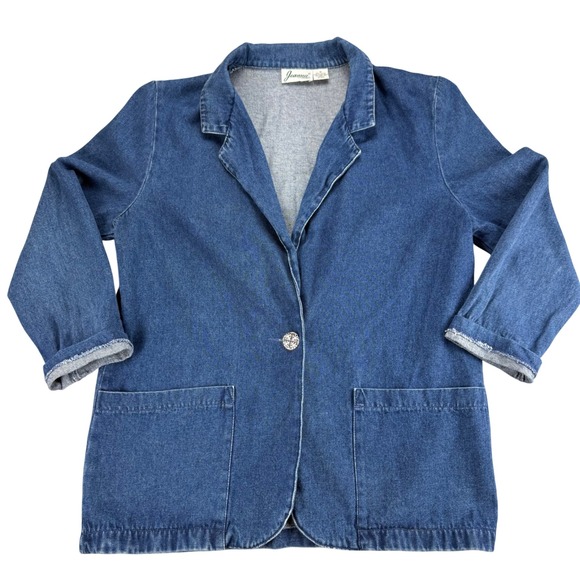 joanna Jackets & Blazers - Vintage Joanna Denim Blazer Jacket Blue Cotton Single Button Shoulder Pads M